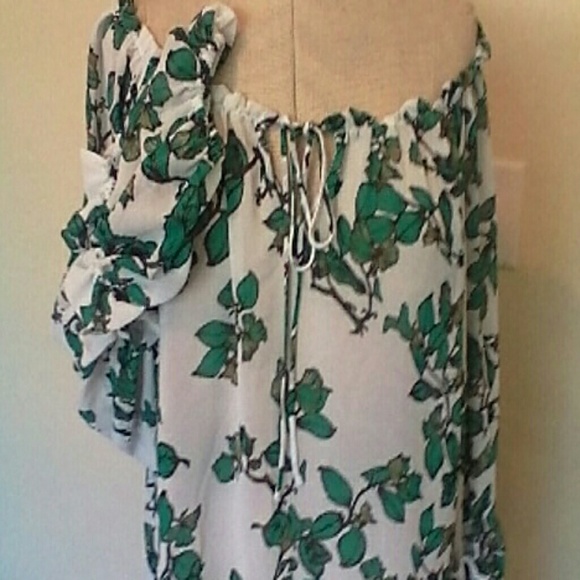 EVA MENDEZ FLORAL PHEASANT WHITE/GREEN BLOUSE L - Picture 2 of 4