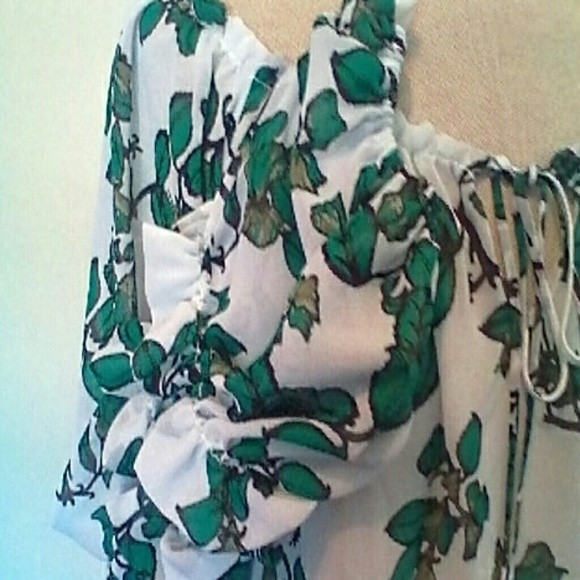 EVA MENDEZ FLORAL PHEASANT WHITE/GREEN BLOUSE L - Picture 3 of 4
