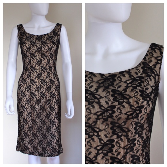 Vintage 1950's Nude Black Lace Wiggle Dress - Picture 1 of 4