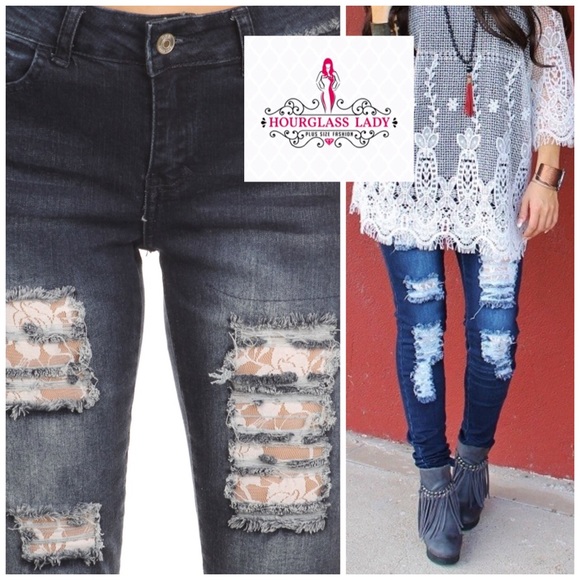 Hourglass Lady Denim - 🔥Lace panel destructed plus size skinny jeans