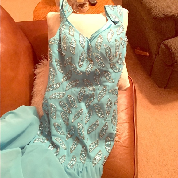 Blue beaded mermaid prom dress