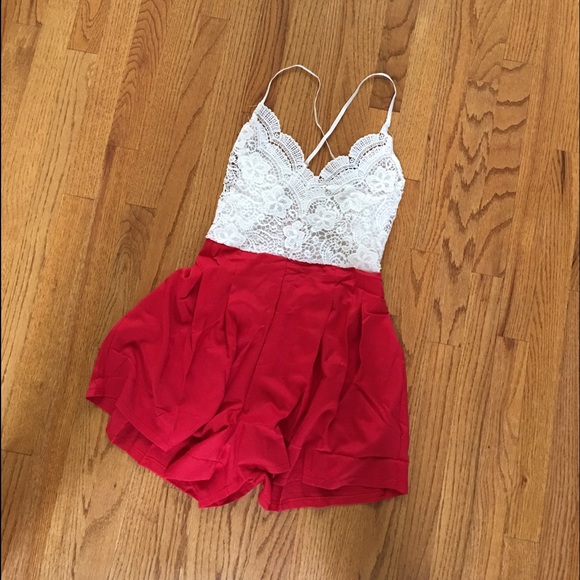 Boutique Pants - PRICED TO SELL! White Lace & Red Open Back Romper!
