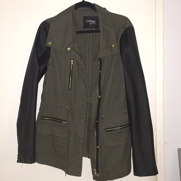 Ci sono Jackets & Blazers - GREEN ARMY JACKET WITH LEATHER SLEEVES AND ZIPPERS