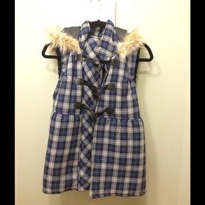 PLAID- BLUE/ GREY FUR HOODED PUFFY VEST