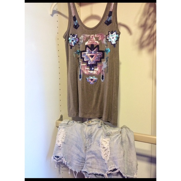 Grey sparkly tank and high waisted shorts