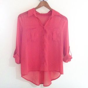 Coral Sheer Button Down Blouse