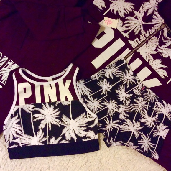 VS PINK~ Tropical Palm maroon Sports Bra Panty set - Picture 3 of 4