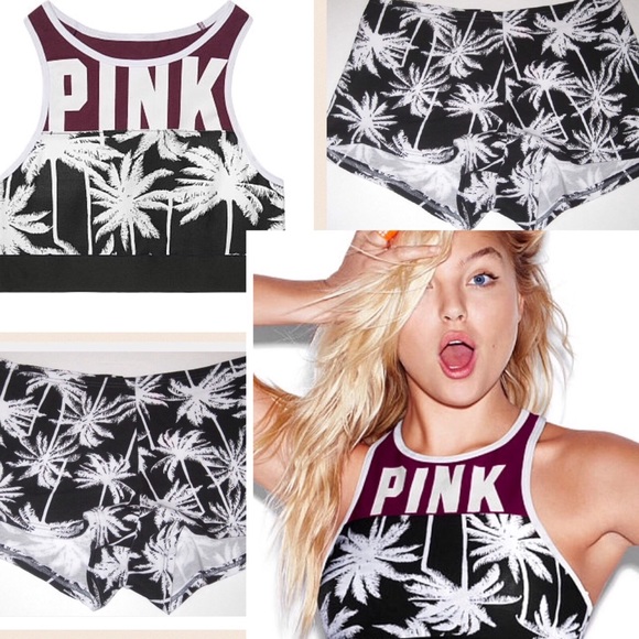 VS PINK~ Tropical Palm maroon Sports Bra Panty set - Picture 2 of 4