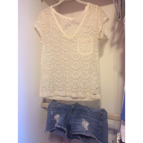 Lace V-neck shirt and Jean shorts