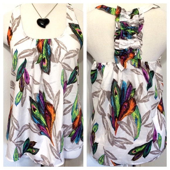 Vanity Tops - {Sexy} Peacock Print Tank With Ruffle Back Small