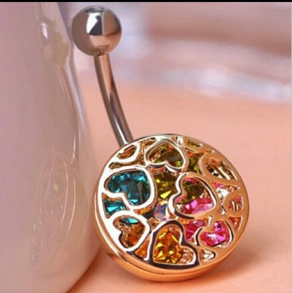 Colorful rhinestone hollow heart belly button ring