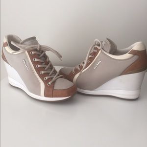 PRADA Canvas and Leather Wedge Sneakers