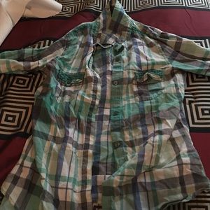 Blue plaid button down/ teal short shorts bundle