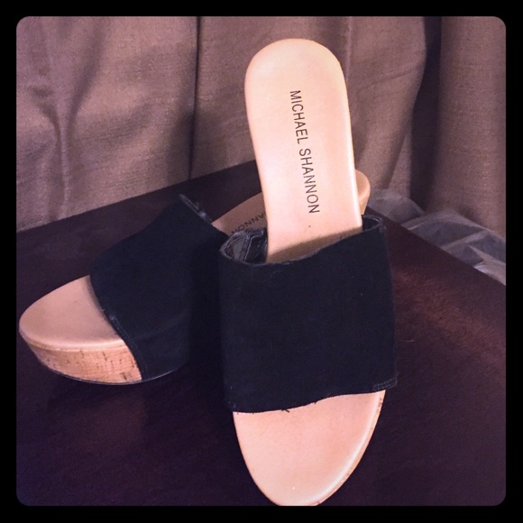 Michael Shannon black suede wedge sandals