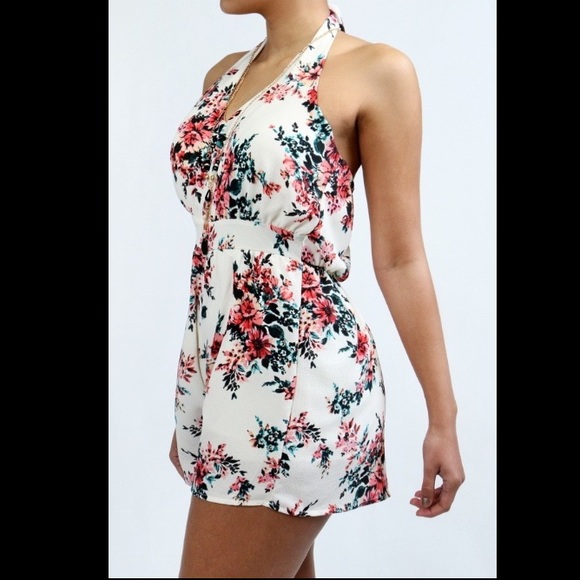 🇺🇸💐Flower Print Halter Romper, Coral - Picture 2 of 4