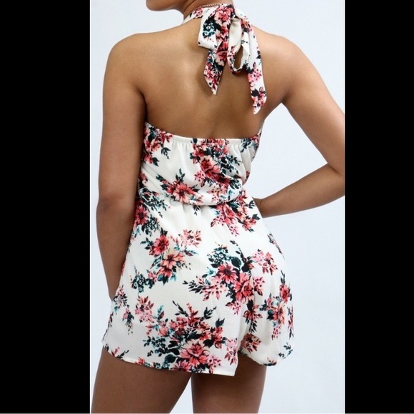 🇺🇸💐Flower Print Halter Romper, Coral - Picture 3 of 4