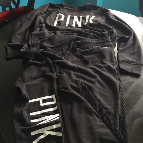 PINK by VS black crew sweater and pants SET Sz L