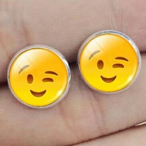 Funny Emoji winking face earing studs