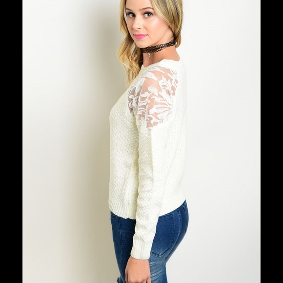 IVORY SWEATER W/LACE INSET SHOULDERS - Picture 2 of 2