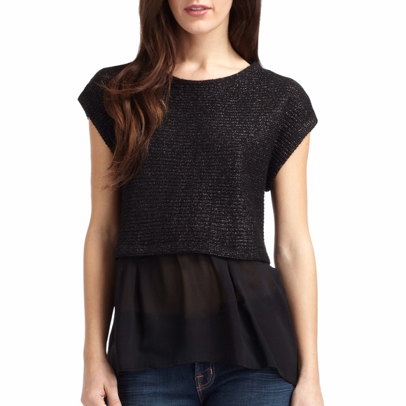 NWT Qi Black Cashmere Shimmer Knit Chiffon Top