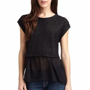 NWT Qi Black Cashmere Shimmer Knit Chiffon Top