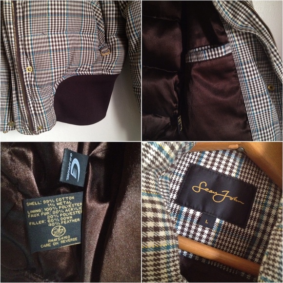 Sean John Beige Brown Gold Plaid Bomber Jacket Detachable Hood Vintage Vtg Y2K - Picture 10 of 10