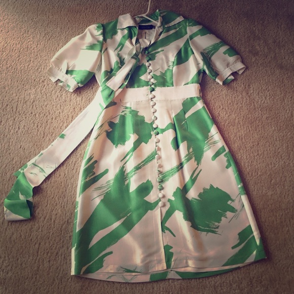 Green and white silk shirt dress