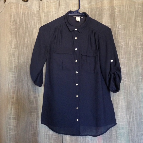 Sheer Navy Button Down 3/4 Sleeve Top