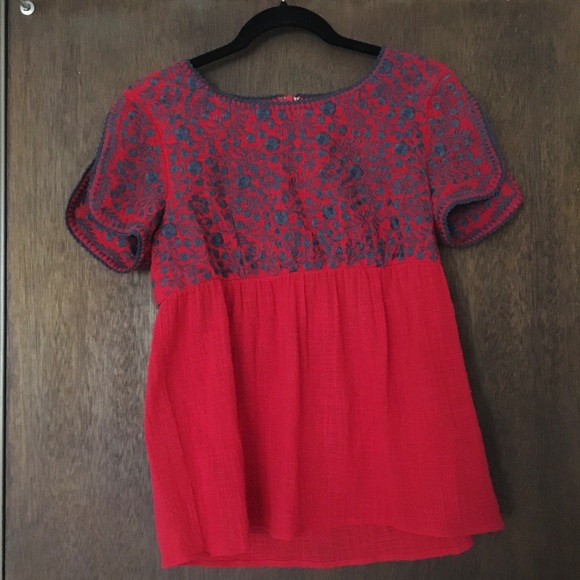 Red Embroidered Short Sleeve Blouse