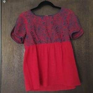 Red Embroidered Short Sleeve Blouse