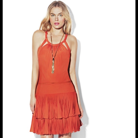 Vince Camuto halter top dress with fringe skirt.