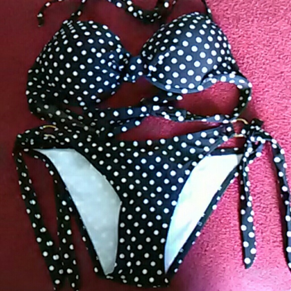 Two piece black and white polka dot bikini.