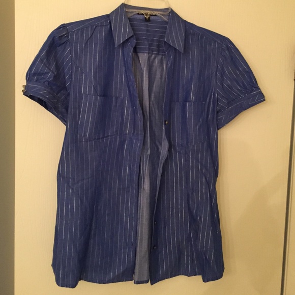 Silver pinstriped, blue button down. Short sleeve