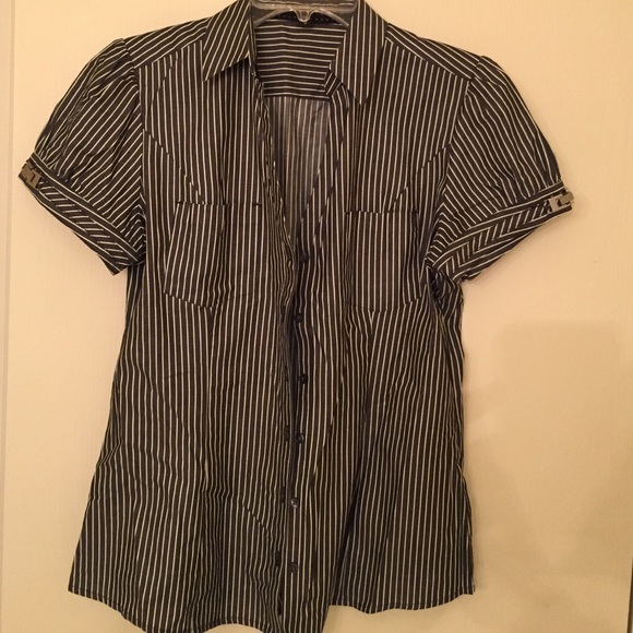 Dark gray white stripes short sleeve button down - Picture 1 of 2