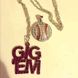 Gig em and baseball necklaces with long chain