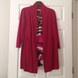 Burgundy 3/4 sleeve polyester/rayon jacket.