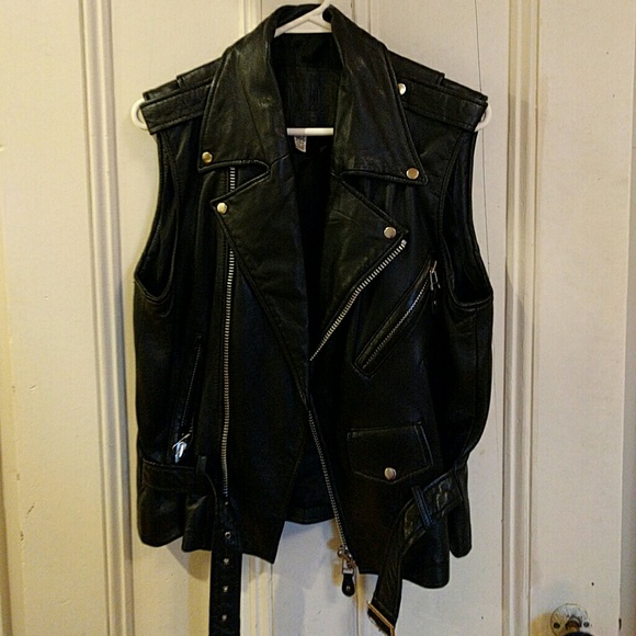 Vintage Black Leather Biker Gilet/Vest