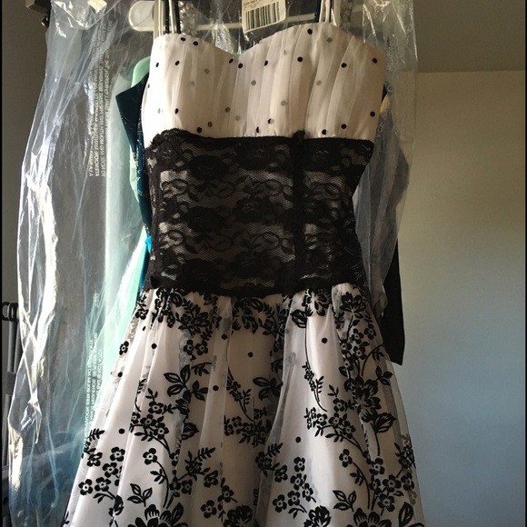 White and black lace and velvet prom dress