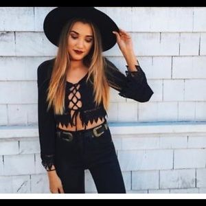 LF bell sleeve fringe lace up crop top