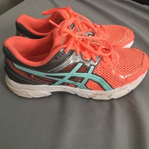 Asics coral and light blue tennis shoes.