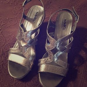 COACH AND FOUR BETTY Cork Wedge Silver Pewter Heel
