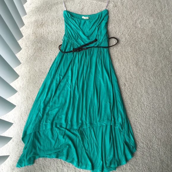 Blue green strapless dress. Brown braided belt