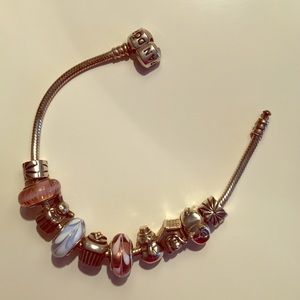 Pandora charm bracelet w/ 8 charms and 2 clips
