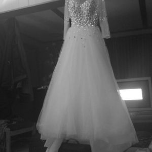 Illusion sleeve crystal pearl bodice wedding gown