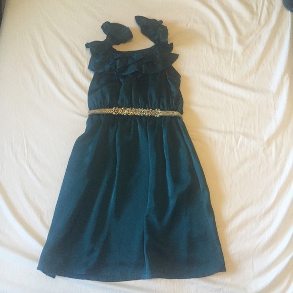 Teal satin ruffle dress
