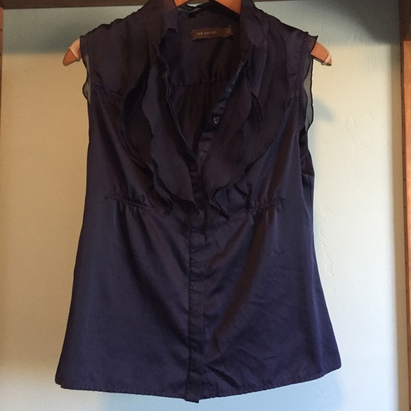 the Limited Navy ruffle sleeveless shirt.