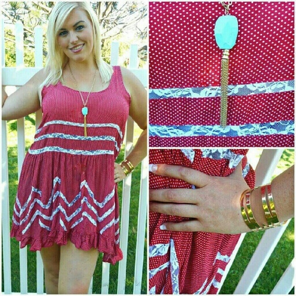 Red Voile and Lace Chevron Slip Dress With Ruffles