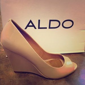 ALDO: Nude Patent Leather Peeptoe Wedges