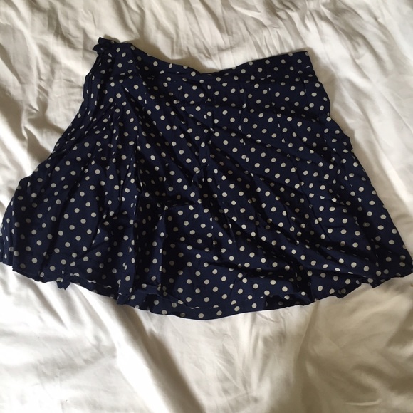 Blue Pleated Skater Skirt with White Polka Dots