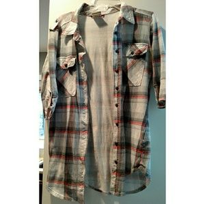 Red, grey, and white plaid button down shirt